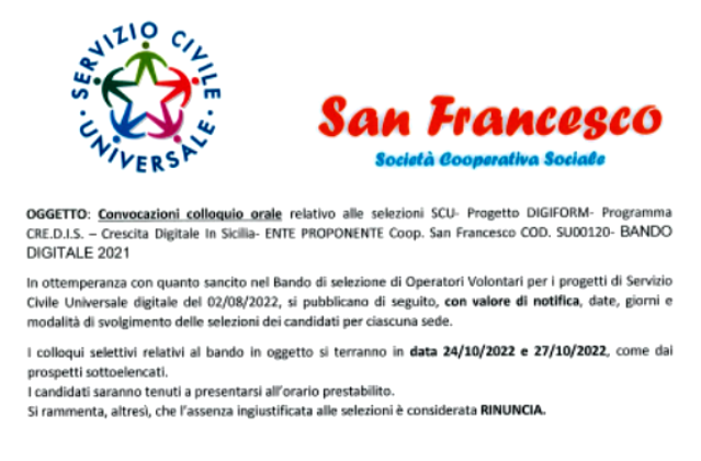 SERVIZIO CIVILE UNIVERSALE - COOPERATIVA "SAN FRANCESCO" s.c.s. : Convocazioni colloquio orale relativo alle selezioni SCU - Progetto DIGIFORM - Programma CRE.D.I.S. - BANDO DIGITALE 2021
