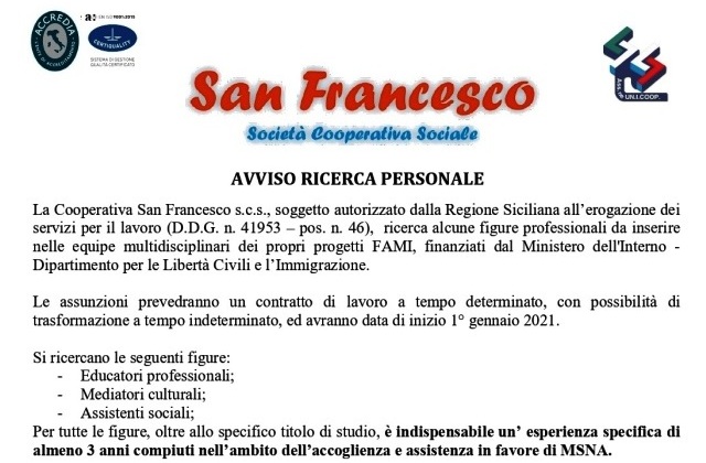 Coop. "San Francesco" s.c.s. ricerca Educatori professionali, Mediatori culturali, Assistenti sociali 