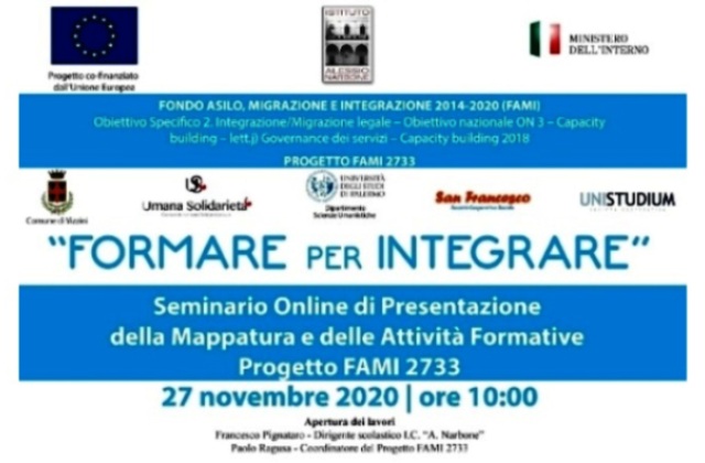 Progetto FAMI 2733 - “Formare Per Integrare”: VenerdÃ¬ 27 Novembre, alle 10, Seminario online Presentazione Mappatura e Attività Formative