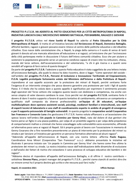 PROGETTO P.I.T.E.R. HA ADERITO AL PATTO EDUCATIVO PER LA CITTÀ METROPOLITANA DI NAPOLI, INIZIATIVA LANCIATA DALL'ARCIVESCOVO DOMENICO BATTAGLIA, PER BAMBINI, RAGAZZI E GIOVANI
