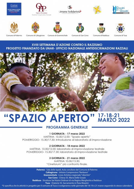 UNAR. XVIII SETTIMANA CONTRO RAZZISMO. 17, 18 E 21 MARZO, COOP. ‘OPERA PROSSIMA' E ‘CONSORZIO UMANA SOLIDARIETÀ', ASS. ‘LA CITTÀ FELICE' E  ‘GIOVANI PER I GIOVANI'. PALERMO, CALTAGIRONE, GRAMMICHELE, S.CONO, RADDUSA, TUSA