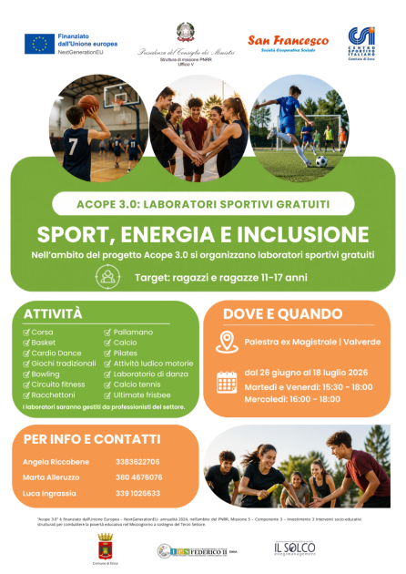 ACOPE 3.0: al via i laboratori sportivi gratuiti per ragazzi e ragazze dagli 11 ai 17 anni