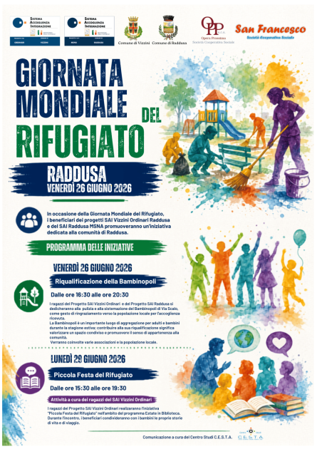 COMUNICATO STAMPA  Raddusa celebra la Giornata Mondiale del Rifugiato 2026 con iniziative dedicate alla comunità, alla cura degli spazi comuni e alla condivisione