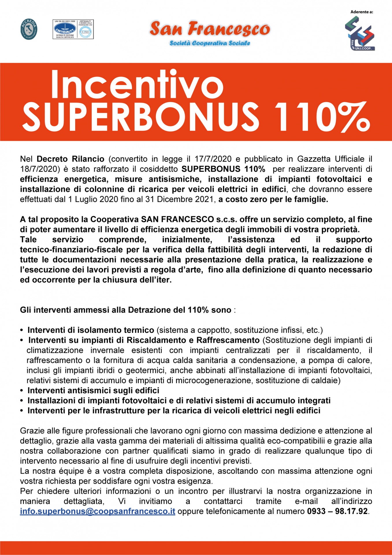 Incentivo SUPERBONUS 110%: la Coop. "San Francesco" offre la propria competenza